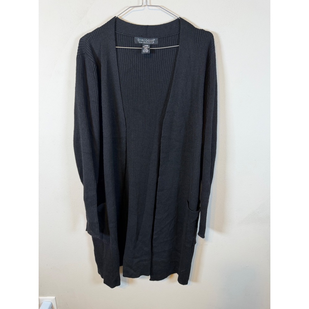 Dialogue Womens Cardigan Merino Wool Blend Ribbed Black Large